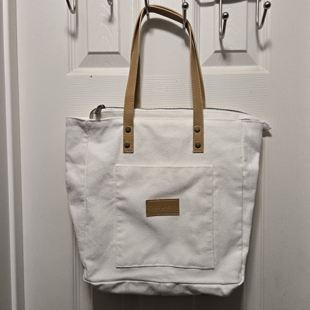 Cozy Earth White Canvas Tote Bag with Tan Handles